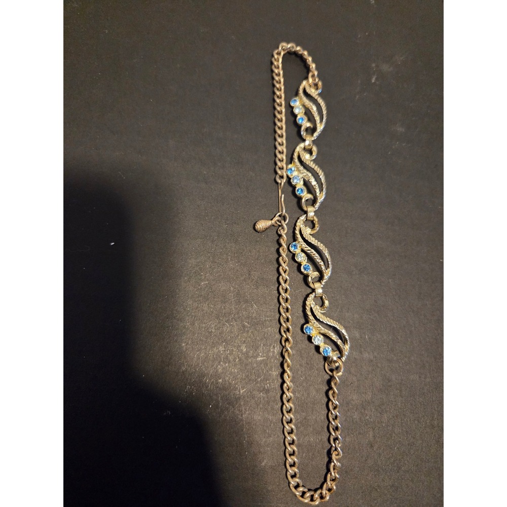 Vintage Gold Tone Scroll Link Bracelet Light Blue Rhinestones MCM Jewelry